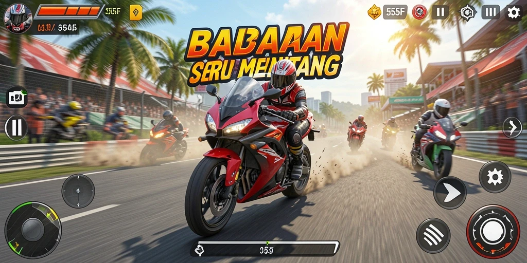 Tangkapan layar menampilkan balapan motor seru di 555F.