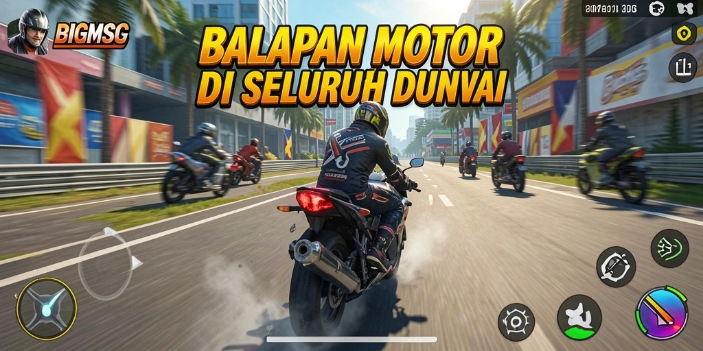 Tampilan menarik saat bermain BIGMSG dengan motor balap di trek yang indah.