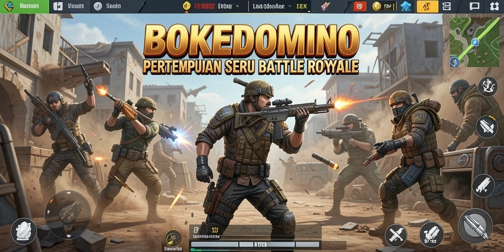 Screenshot utama BOKEDOMINO dengan tampilan aksi Battle Royale yang menegangkan.