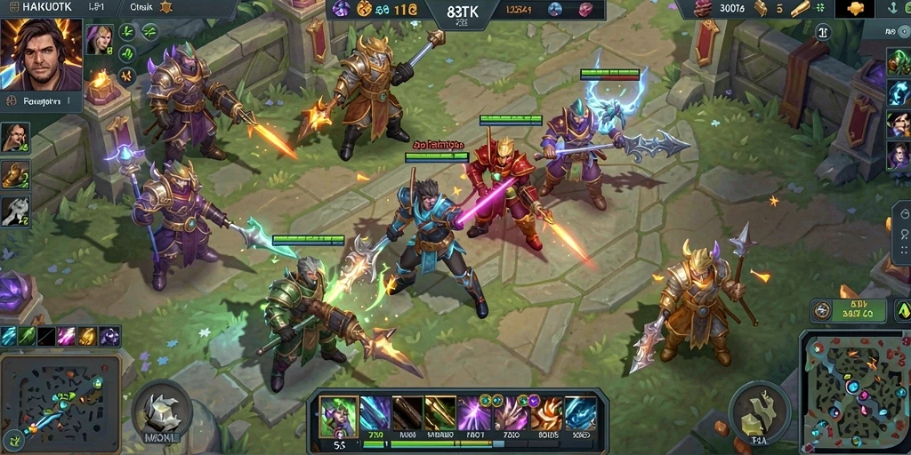 Tangkapan layar HAIKUOTK menampilkan aksi pertempuran MOBA yang intens.