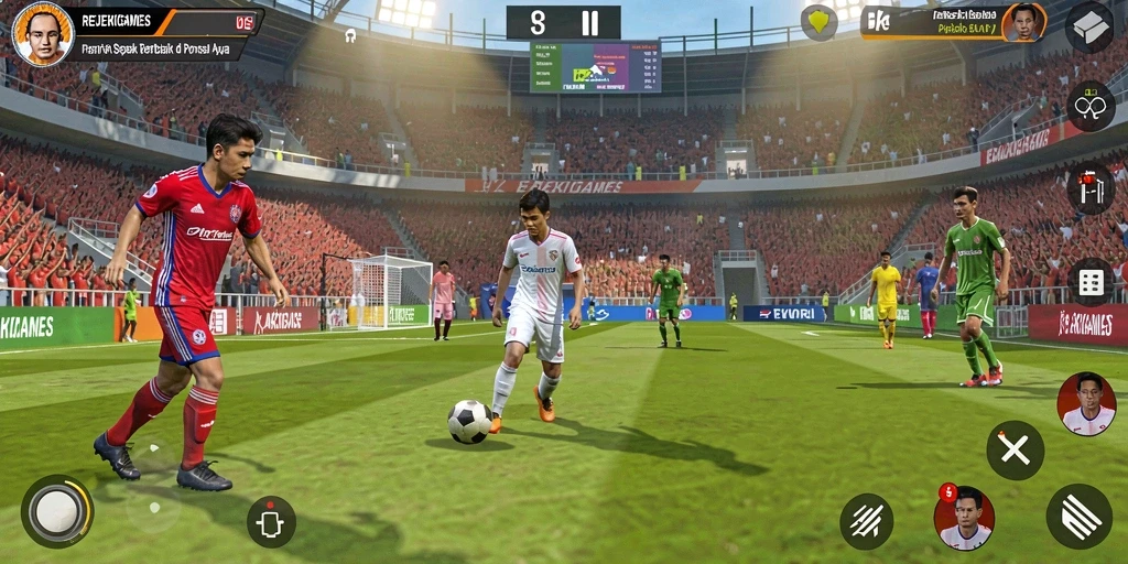 Screenshot gameplay <strong>REJEKIGAMES</strong> menampilkan aksi sepak bola yang intens.